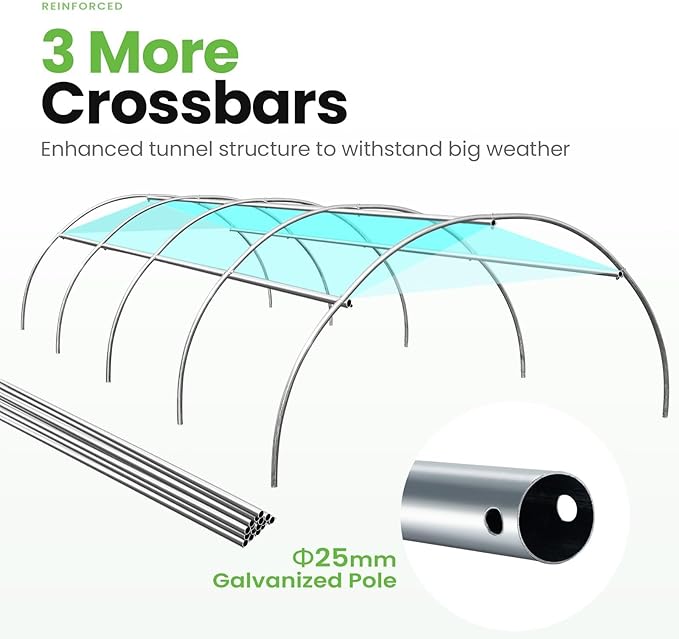 KING BIRD Premium 15x6.6x6.6FT Greenhouse for Outdoors, Large Walk-in Upgraded Galvanized Metal Frame, Mesh Door Screen Window Improved Zipper Tunnel Hoop for Garden Plant Winter, Green