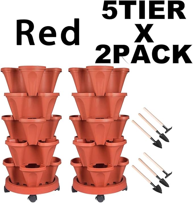 Vertical Planter 5 Tier Stackable Planters Garden Planters Strawberry Herb Flower and Vegetable Planter Indoor Outdoor Gardening Pots with Removable Wheels and Tools 2-Pack
