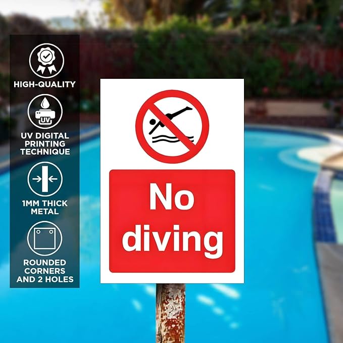 No Diving Allowed Tinplate Pool Sign - Splash-Proof Outdoor Metal Decor for Backyard Safety & Pool Rules