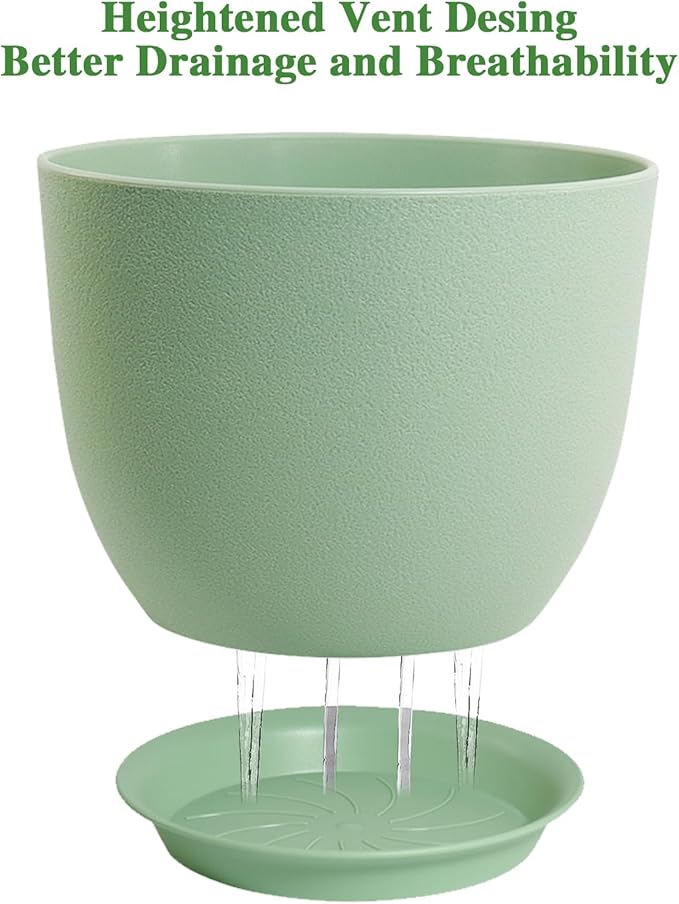12inch Large Plant Pot, Modern Plastic Planter with High Driange Holes and Saucer for Indoor Outdoor Garden Plants and Flowers, Green