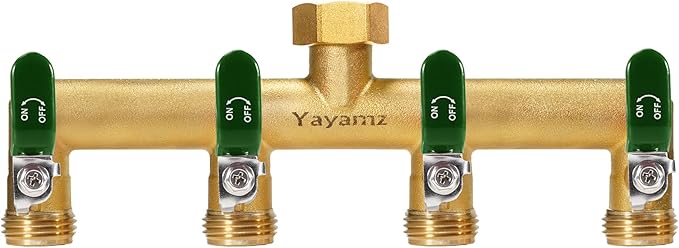 Garden Hose Splitter, 3/4” Rust and Freeze Resistant Outdoor Hose Manifold with 4 green Extra Long Handles Faucet Adapter-Heavy Duty Brass 4-Way Valve