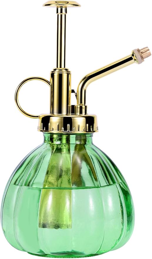 Glass Plant Mister Spray Bottle, 6.5" Green Glass Water Spray Bottle with Gold Top Pump Small Watering Can, Small Plant Sprayer Mister for Indoor Outdoor House, Green+Gold (Green+Gold C)