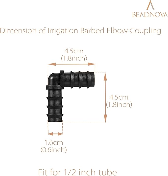 BEADNOVA Drip Irrigation Parts 10 Pcs 1/2 Inch Barbed Elbow Couplings Fittings Drip Line Connectors for 1/2 Inch Irrigation Tubing Garden Watering System (10pcs)