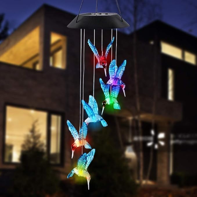 MorTime LED Solar Hummingbird Wind Chime, 25" Outdoor Hanging Wind Chime for Patio Lawn Garden Decorations, Automatic Light Changing Color (Blue Hummingbird)