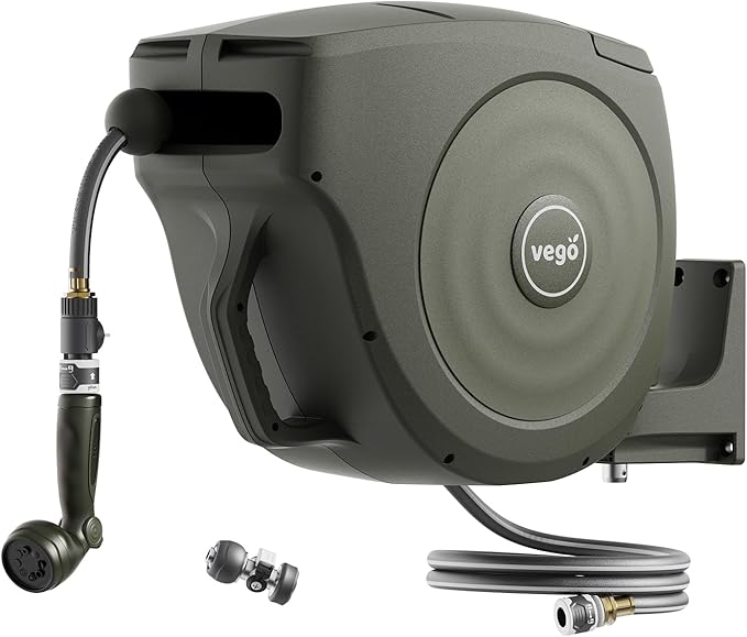 Vego Garden Hose Reel Retractable Hi-Flow Wall Mounted Hose Reel Automatic Rewind, Any Length Lock with 9 Patterns Sprayer Nozzle, Quick Connector and Adjustable shot Nozzle (Seaweed Green, 50ft)
