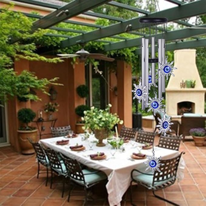 Blue Evil Eye Sun Wind Chimes Outdoor Decor, Mobile Sun Evil Eye Windcatcher, Evil Eye Sun Wind Bells, Sun Blue Evil Eye Amulet Wind Chimes for Home, Gift for Mom, Balcony, Patio, Garden Decoration