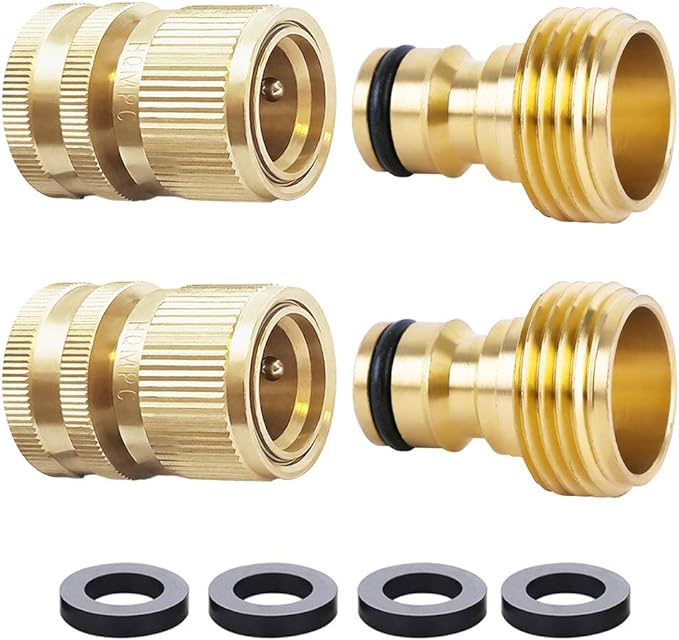HQMPC Garden Hose Quick Connect Solid Brass Quick Connector Garden Hose Fitting Water Hose Connectors Garden Hose Disconnect 3/4 inch GHT (2Sets) (2Female+2Male)