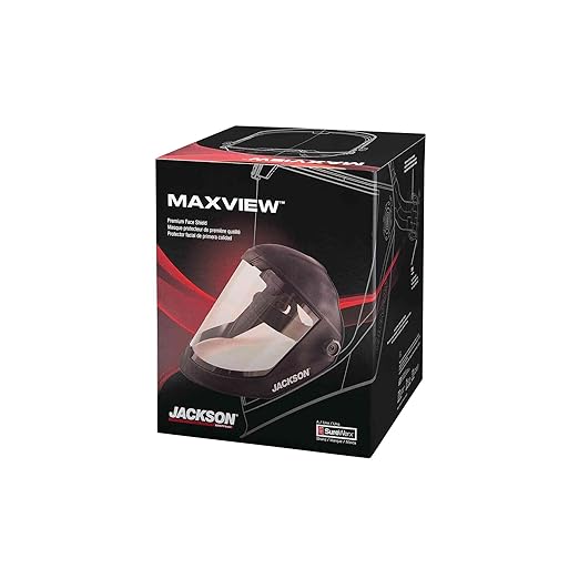 Jackson Safety Lightweight MAXVIEW Premium Face Shield - Mask with 370 Speed Dial Ratcheting Headgear, ANSI Z87.1, for Work, Grinding, Cutting - Uncoated - Clear Tint