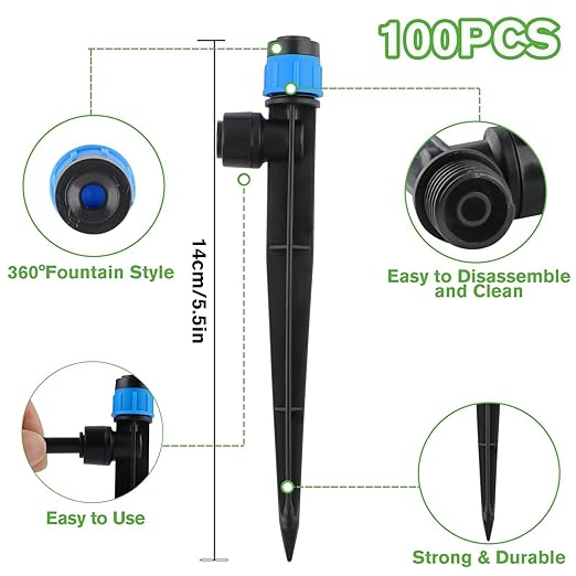 100PCS Drip Irrigation Emitters, Kalolary Adjustable 360 Degree Water Flow Drippers Emitters for 1/4" Drip Irrigation System Tubing, Garden Irrigation Drippers for House Garden Flower beds(Blue)