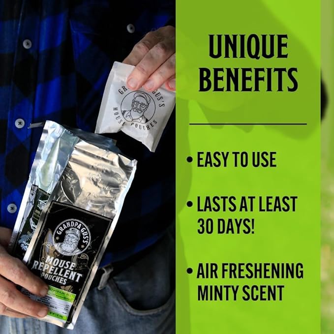 Grandpa Gus's Extra-Strength Mouse Repellent with Bonus Pouch Holder, Cinnamon/Peppermint Oils Repel Mice from Nesting & Freshen Air in Car/RV/Boat/Garage/Shed/Cabin, 1.75 Oz (10 Pouches)