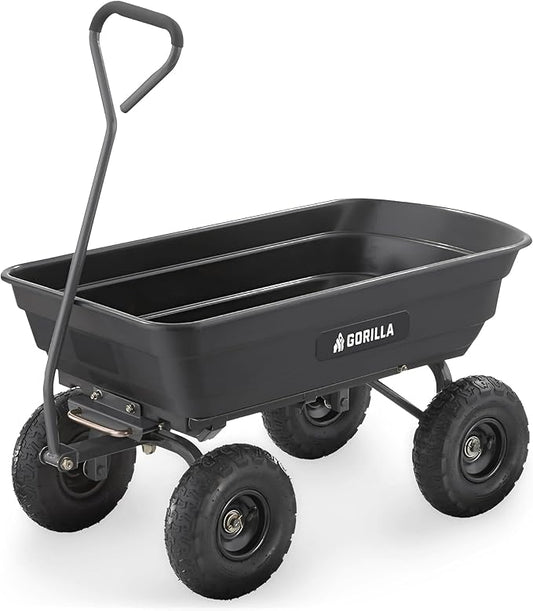 Gorilla Carts Poly Garden Dump Cart, 4 Cu Ft Tub, 600 lb Haul Capacity, Black – Heavy-Duty Utility Wagon with Quick-Release Dumping & Pneumatic Tires for Yard, Landscaping and Gardening