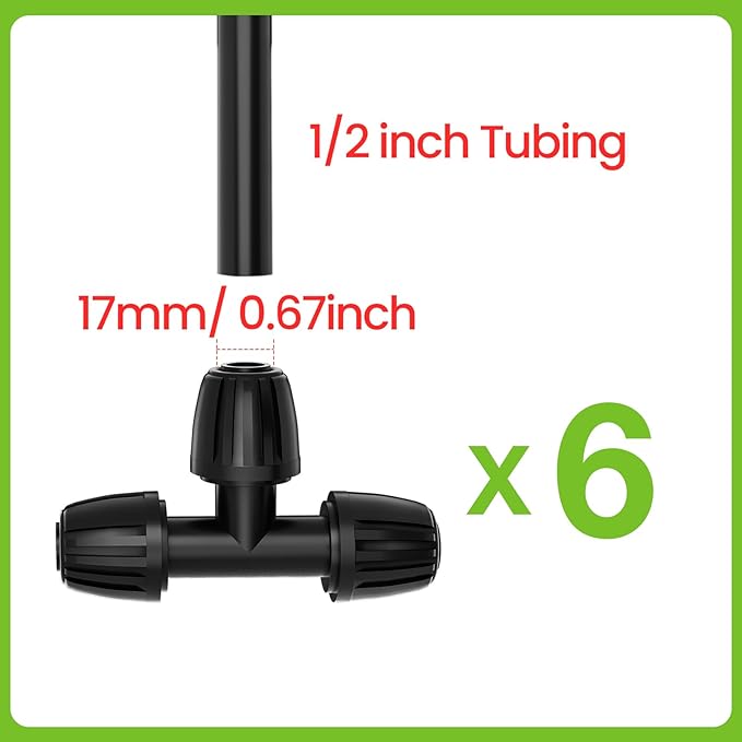 Bonviee 6 Pack 1/2 Inch Drip Irrigation Tee Connectors, Barbed Lock Fittings for 1/2โ Tubing, Leak-Proof 3-Way Coupler for Garden Hose, Drip System Repair & Extension