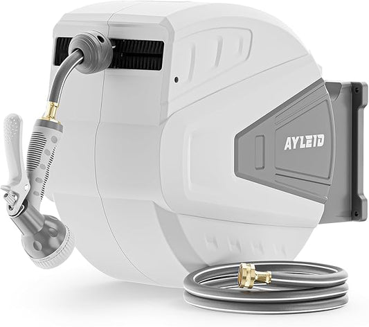 Ayleid Retractable Garden Hose Reel,5/8 in x 100 FT Wall Mounted Hose Reel, with 9- Function Sprayer Nozzle, Any Length Lock/Slow Return System/Wall Mounted/180°Swivel Bracket (Grey)