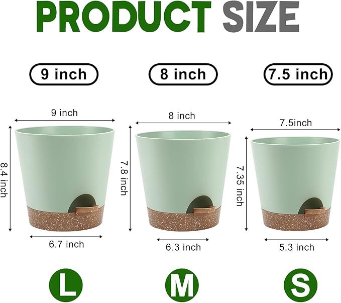 Indoor Self Watering Planters with Drainage Holes and Saucers, 9,8, 7.5 Inches, Green, 3 Pots (Springgreen)