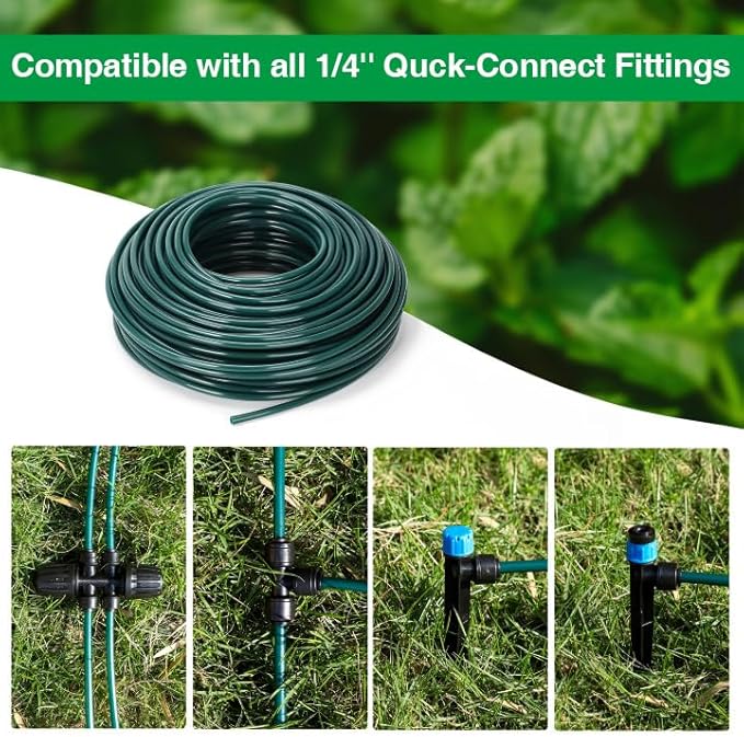 100FT 1/4 inch Drip Irrigation Tubing Blank Distribution Garden Watering Tube Line for DIY Quick-Connect Drip Irrigation Parts and Drip Systems, Green