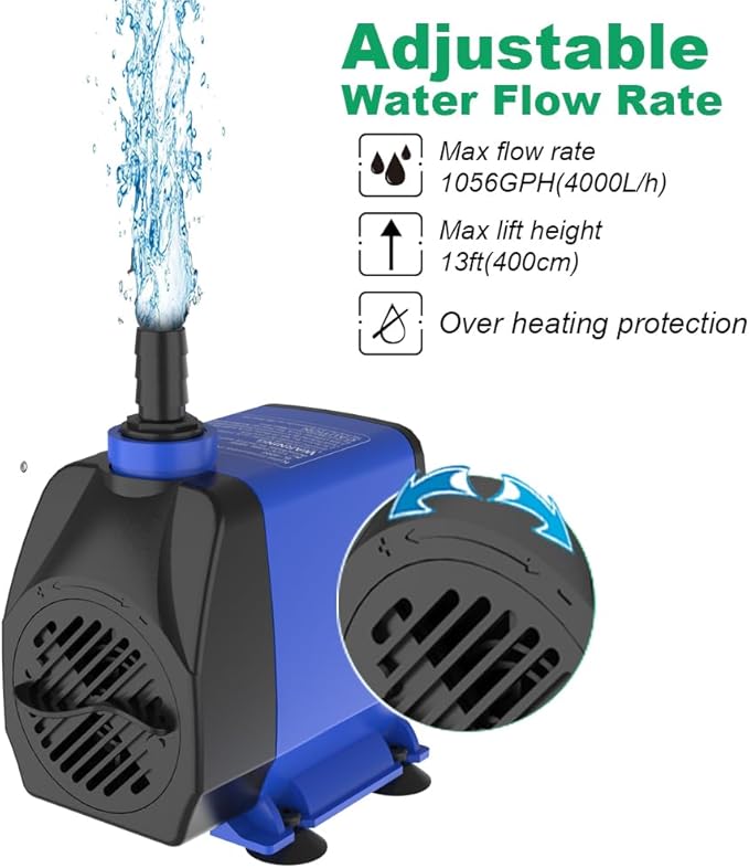 Submersible Pump 1056GPH (4000L/H 85W) Ultra Quiet with Over Heating Protection 9.8ft Power Cord for Fountains, Hydroponics, Ponds, Aquariums & More…