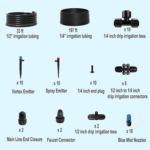 Drip Irrigation System for Garden, 230 ft Garden Watering System Drip Irrigation Kit, with 1/4" & 1/2" Tubing and 20pcs Sprinklers for Lawn Yard Flower Green Houses Plants