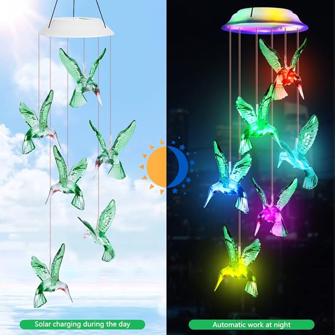 Fohil Solar Hummingbird Wind Chimes, Color Changing Solar Wind Chimes for Outside, LED Waterproof Solar Powered Hanging Lights Outdoor Valentine Decorations, Gifts for Women Mom Grandma