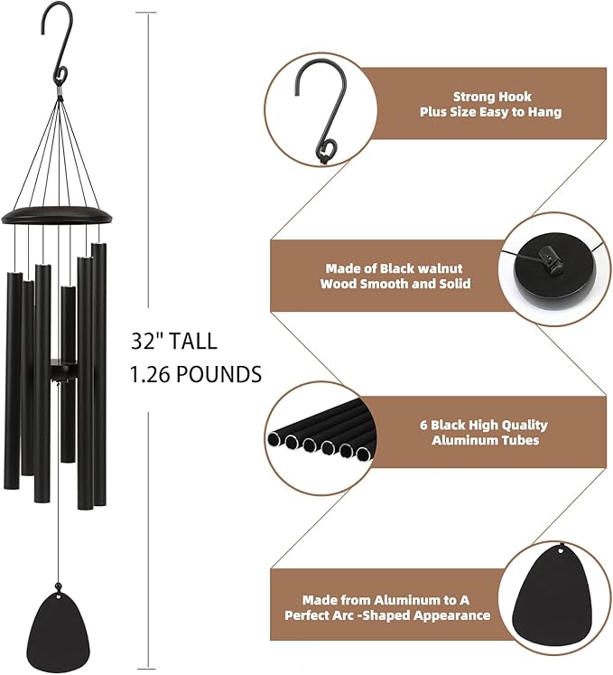 Wind-Chimes-Outdoor-Large-Decor, Deep Tone Soothing Melodic Tones Windchimes, Wind Chimes for Outside, Memorial Wind Chime Best Gift for Mom Women Grandma Neighbors(32" Black)