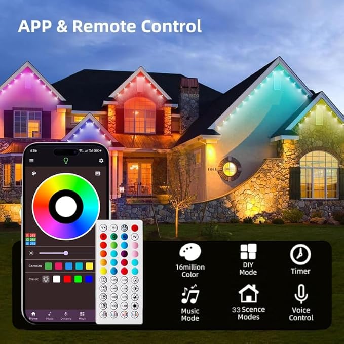 KIKO 100FT Permanent Outdoor Lights,RGB Waterproof Smart LED Eaves Lights with App Remote Control,for Christmas and All Holiday Decor,Daily and Accent Lighting,House Roof and Garden Lighting