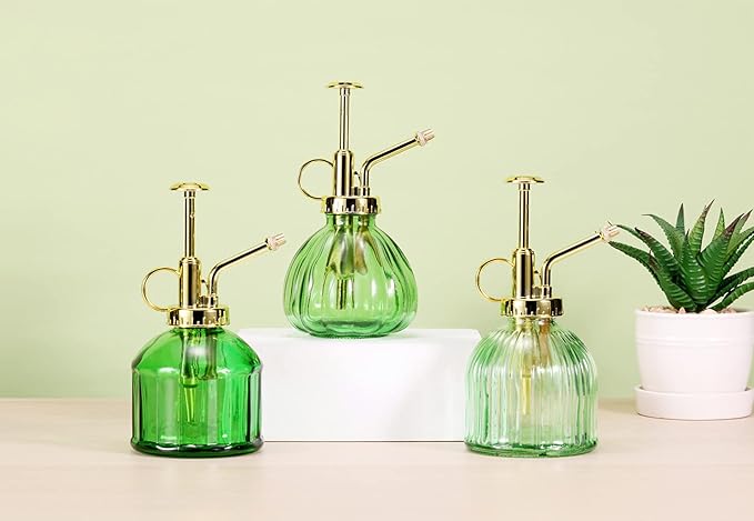 Glass Plant Mister Spray Bottle, 6.5" Green Glass Water Spray Bottle with Gold Top Pump Small Watering Can, Small Plant Sprayer Mister for Indoor Outdoor House, Green+Gold (Green+Gold C)