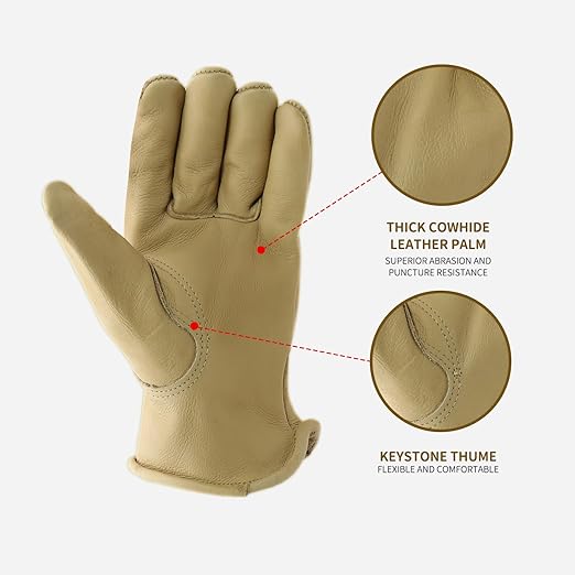 HLDD HANDLANDY 2 Pairs Cowhide Leather Work Gloves with Reinforced Palm for Men & Women (Light Brown-12pairs, X-Large (Pack of 12))