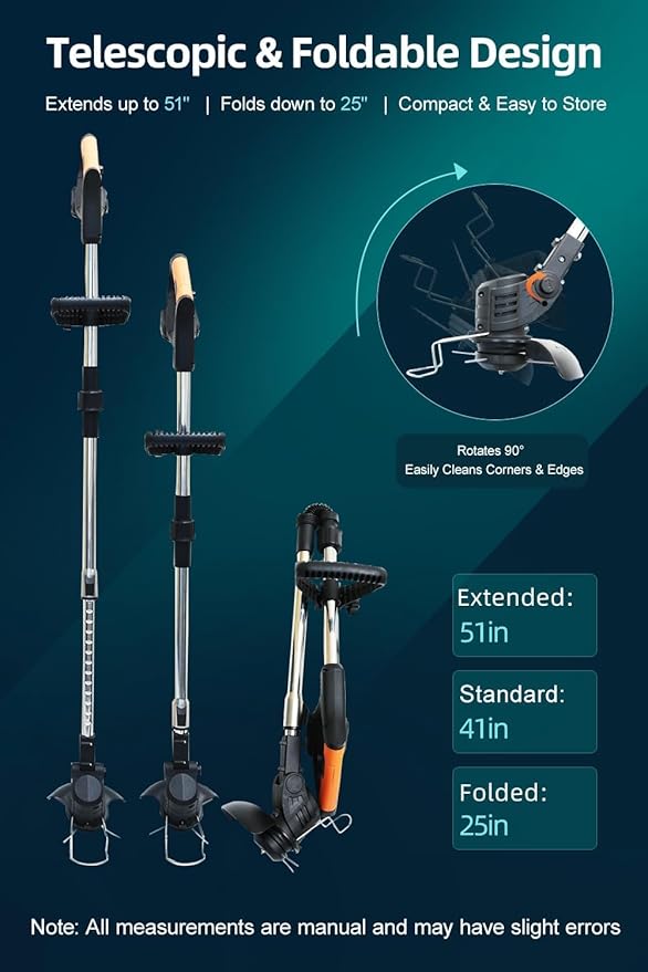 Cordless String Trimmer, Weed Wacker, Nylon Trimmer Head as Its Core Cutting Accessory, Telescopic Shaft and Foldable, 2 x Batteries, String Trimmer Cordless, Black