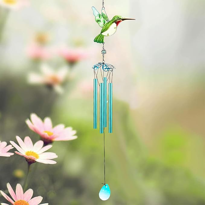 Green Hummingbird Wind Chimes, Wind Chimes for Outdoor, 26" Glass Painted Mobile Romantic Chimes, Patio, Balcony, Garden Decoration, Gifts for Mom & Women
