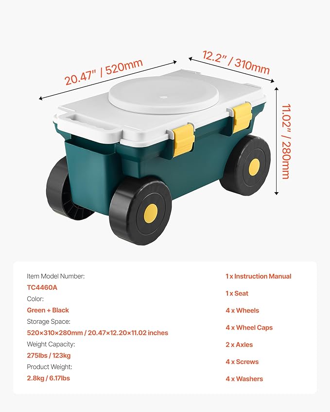 VEVOR Garden Scooter with Seat, 2 in 1 Rolling Garden Cart with Storage Bin, Supports up to 227 lbs, Outdoor Wagon with Handle, Lightweight Storage Gardening Stool for Yard Weeding Planting