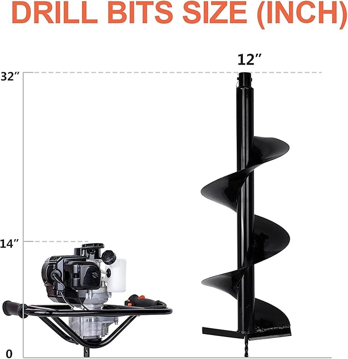 DC HOUSE 52cc 1800W Gas Powered Earth Auger EPA Certified Post Hole Digger, with Drill Bit 12 inch, Mixing Ratio 30:1, for Fence, Farmland and Garden