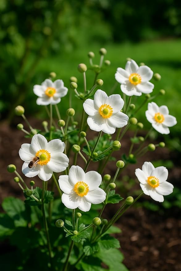 Perennial Farm Anemone x Hybrida 'Honorine Jobert' – Live Windflower in #1 Container, Elegant White Blooms with Yellow Centers, Long Blooming, Deer Resistant, Great for Shade & Pollinator Gardens