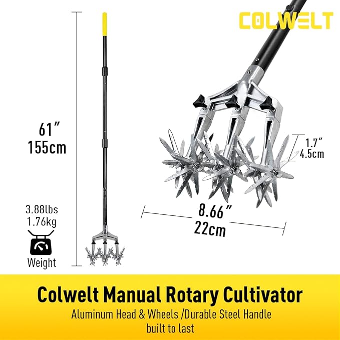 Colwelt Rotary Cultivator Garden Tool 61’’, Hand Tiller Garden Tool with Detachable Aluminum Tines, Cultivators for Gardening Soil or Reseeding Grass, Manual Cultivators & Tillers for Flowers Beds
