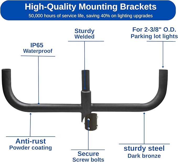 180 Degree Bullhorn Mounting Bracket Tenon, 2-3/8 Round Triple Light Pole Mount Arm Tenon Adaptor for 3 Slip Fitter Lights Led Parking Lot Light, Street Area Lighting Solid Heavy Duty Steel