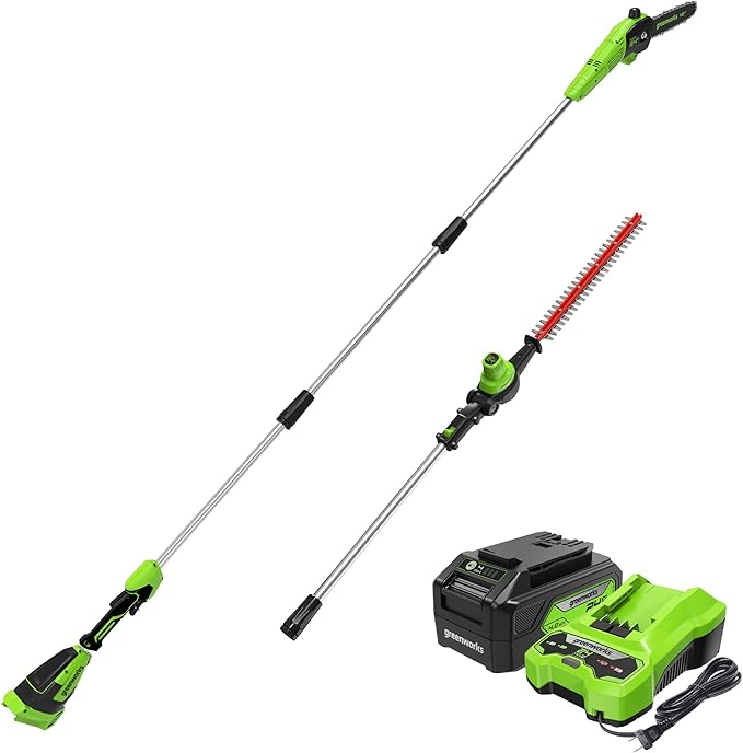 Greenworks 24V Brushless 10" Cordless Polesaw + Pole Hedge Trimmer Combo (Great For Pruning and Trimming Branches / Shrubs), 4.0Ah Battery and Charger Included