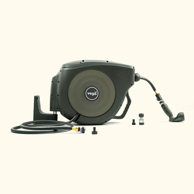 Garden Hose Reel Retractable 1/2" x 130ft Wall Mounted Hose Reel Automatic Rewind, Any Length Lock with 9 Patterns Sprayer Nozzle, Quick Connector and Adjustable shot Nozzle-Seaweed Green