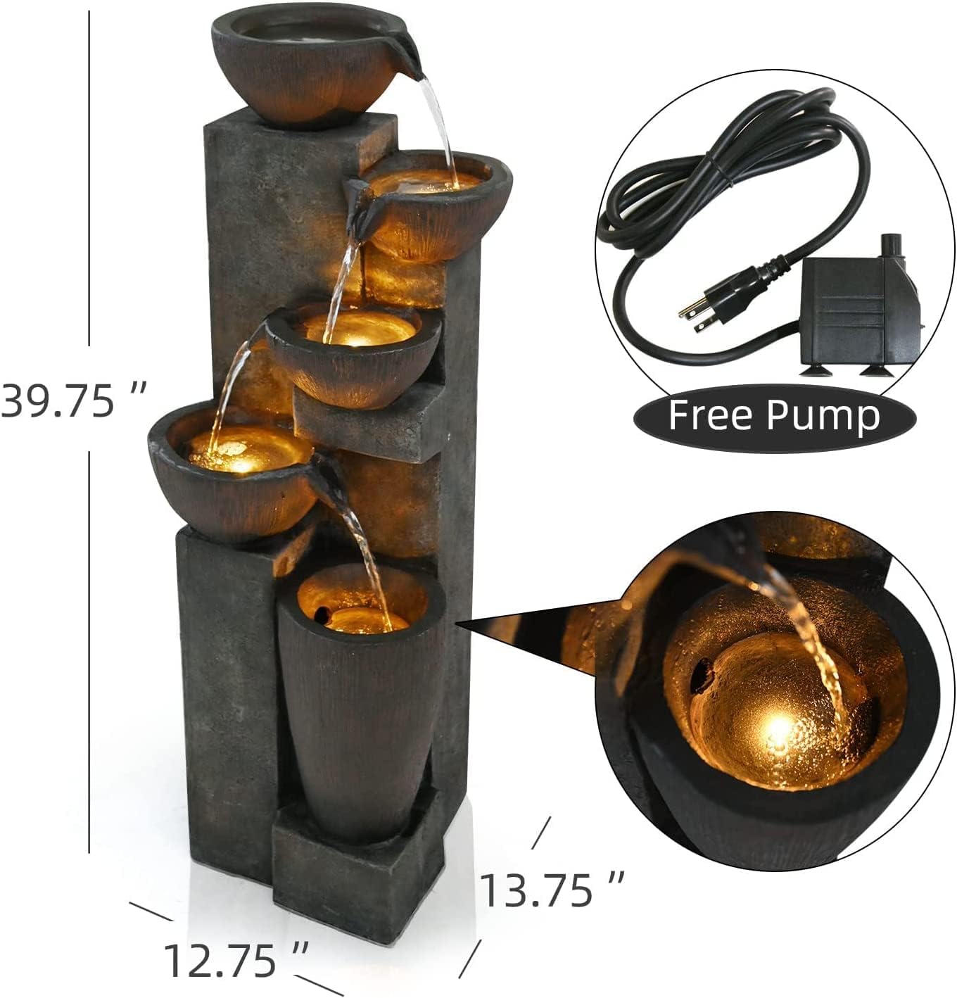 40" Outdoor Water Fountain with LED Lights 5-Tier Polyresin Rock Indoor Modern Floor-Standing Waterfall Fountains for Home Garden, Yard, Patio, Office, Deck Home Art Decor Brown