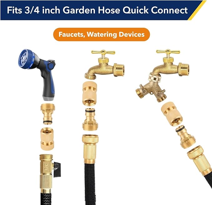 Garden Hose Quick Connector, 3/4 Inch GHT Thread Quick Connect Kit, Solid Brass Water Hose Fittings with Female Adapter and Male Adapter(4pcs)