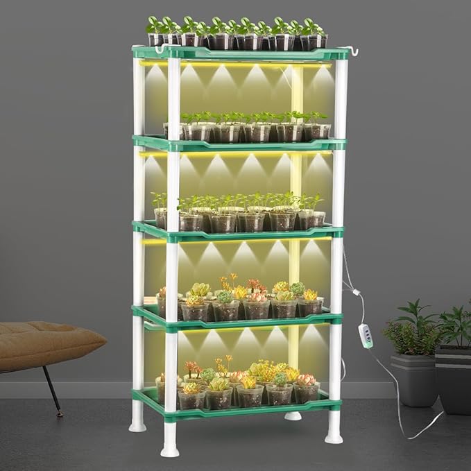 Seed Starter Tray Unit, 5-Tier Plant Stand with 4 LED Grow Lights & 90 Pack 2.5 Inch Clear Nursery Pots – for Indoor Gardening, Herb, Seedling Kits & Small Greenery