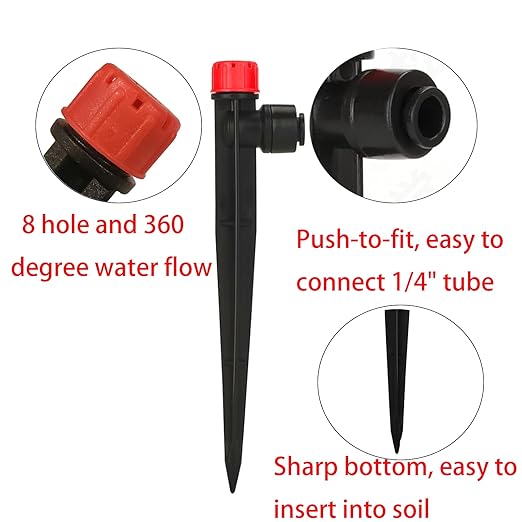 50 Pack Quick-Connect Irrigation Drippers for 1/4'' Irrigation Tubing 8 Hole Sprinkler Heads Push-to-Fit Drip Irrigation 360 Degree Adjustable Drip Emitters with Stake for Garden Patio Flower(Red)