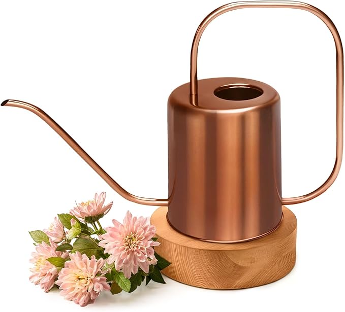 Plexon Rose Gold Metal Watering Can Indoor Plants, 54 oz Stainless Steel Long Spout Watering Can Outdoor House Plant Flower, Garden