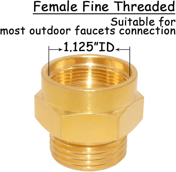 Garden Hose Bib Adapter, 1.125" Measure Diameter Female Fine Thread to Standard 3/4" GHT Male Thread, Compatible with Outdoor Faucet to Garden Hose Connector