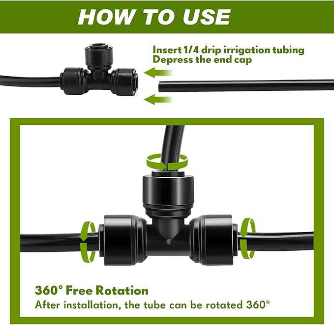 30 Pcs 1/4" Drip Irrigation Tee Connectors for Tube Quick Connect Parts Fittings for 1/4 Inch(6.35mm) Irrigation Tubing or Sprinkler(Black,Tee Connector)