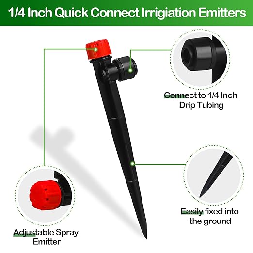 Push-to-Fit Drip Irrigation Emitters for 1/4" Drip Irrigation Tubing, 30 Pieces Adjustable 360 Degree Water Flow Drippers Sprayer on Stake 360° Full Circle Multi-Stream Irrigation Drippers
