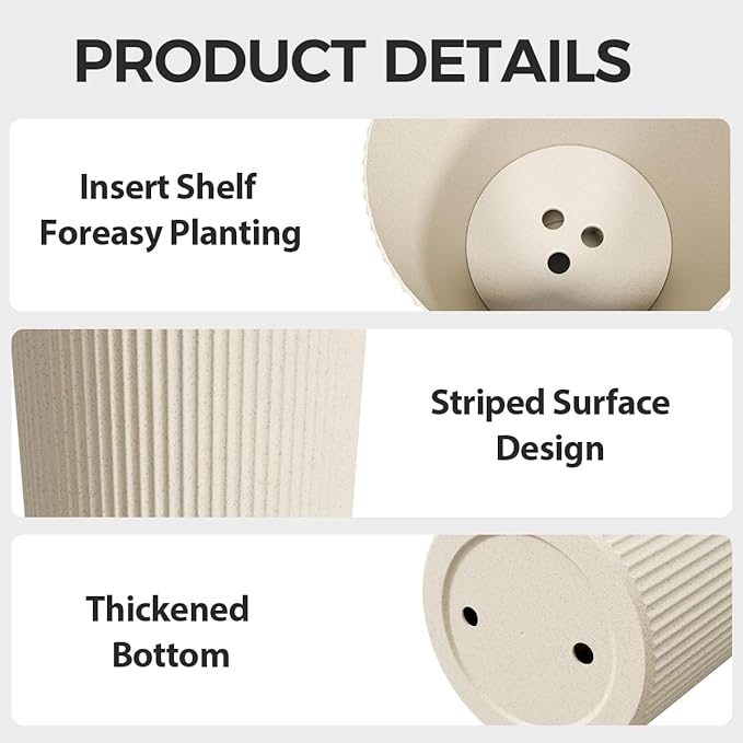 23.6" Tall Planters for Outdoor Plants,Large Outdoor Planters for Front Porch Decor with Drainage Hole, Flower Pots Fits Indoor Plants Patio/Garden, Plastic Striped Off-White (2 Pack)
