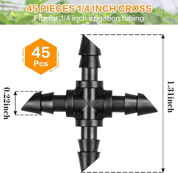 Drip Irrigation Cross Fittings: 45 Pieces Barbed 4-Way Cross Irrigation Parts with Sharp End Fits for 1/4 Inch Drip Tubing Line Tee Connectors for Garden Lawn