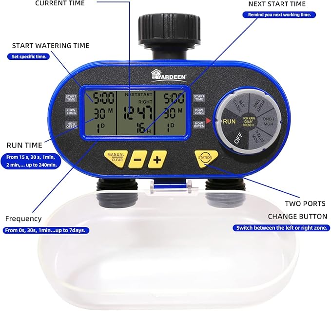 Sprinkler Timer for Garden Hose, Programmable Hose Timer with Rain Delay/Manual/2 Solenoid Valves Garden Electronic Irrigation Controller System Color Blue
