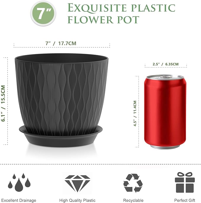 7 inch Plant Pots, 5 Pack Flower Pots with Drainage Holes and Saucers for Indoor Plants, Plastic Planters with Water Ripple for Small Garden House Plants, Nursery Pots for Succulent, Black