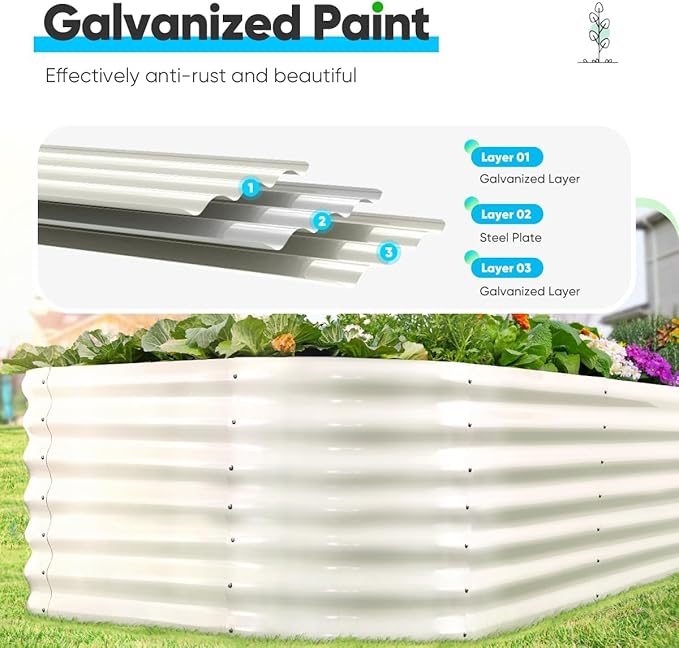 Quictent Galvanized Tall Raised Garden Bed Kit, 8x4x2 ft Oval Large Planting Box Rubber Strip Edging, for Vegetables Outdoor Strengthened by Crossbar (Beige)