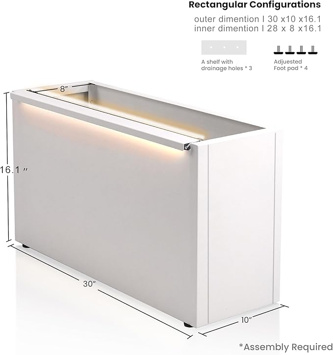 GSK 30" L White LED Metal Planter Flower Box Outdoor Illuminate Magnetic 3000K LED Light Strips Glow Vibe Modern Rectangle Raised Trough Drainage Holes Indoor Patio Balcony or Garden Decor