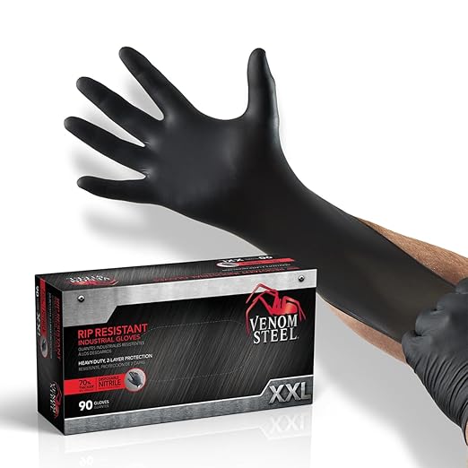 Venom Steel Nitrile Gloves, 6 mil Disposable Latex Free Black Gloves, 2 Layer Rip Resistant Gloves, XX-Large (Pack of 90)